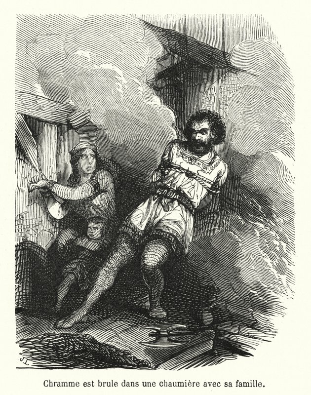 Chramme अपने परिवार के साथ एक झोपड़ी में जला दिया जाता है (उत्कीर्णन) द्वारा फ्रेंच स्कूल