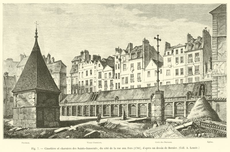 सेंट-इनोसेंट के कब्रिस्तान और बड़े पैमाने पर कब्रों, rue aux Fers, 1780 के किनारे, बर्नियर, कोल ए लेनोर द्वारा एक ड्राइंग के बाद। द्वारा फ्रेंच स्कूल
