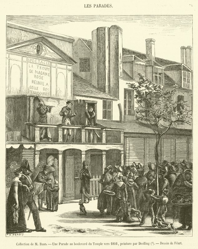 एम बाउर का संग्रह, 1816 के आसपास बुलेवार्ड डू मंदिर पर एक परेड (उत्कीर्णन) द्वारा फ्रेंच स्कूल