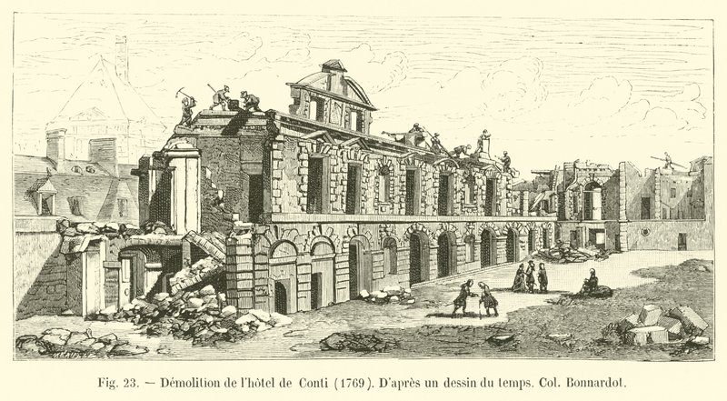 कोंटी होटल का विध्वंस, 1769, डाप्रेस द ड्रॉइंग ऑफ़ द टाइम, कर्नल बर्नार्डॉट द्वारा फ्रेंच स्कूल