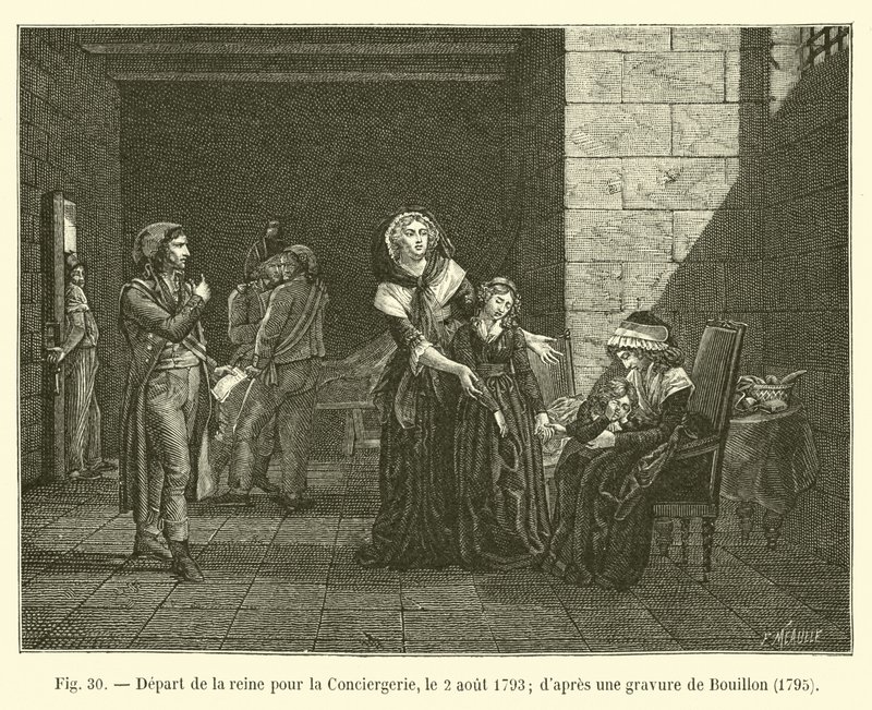 कॉन्सियर के लिए रानी का प्रस्थान, 2 अगस्त, 1793; 1795 में बुइलन के उत्कीर्णन के बाद द्वारा फ्रेंच स्कूल