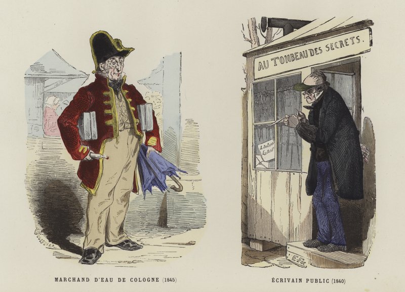 Eau de कोलोन विक्रेता, 1845, और सार्वजनिक लेखक, 1840 द्वारा फ्रेंच स्कूल