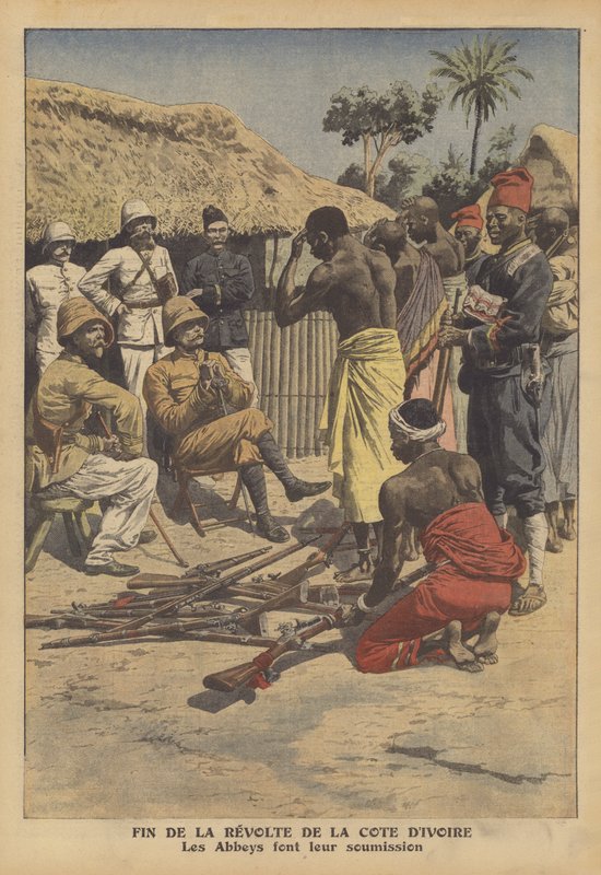 आइवरी कोस्ट के एब्स लोगों द्वारा विद्रोह का अंत (कलर लिथो) द्वारा फ्रेंच स्कूल