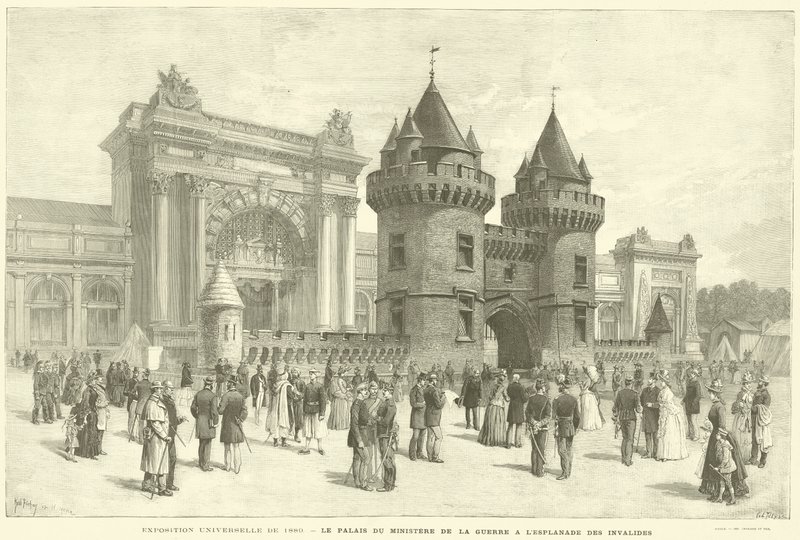 1889 की सार्वभौम प्रदर्शनी, L'Esplanade des Invalides (उत्कीर्णन) में युद्ध मंत्रालय का महल द्वारा फ्रेंच स्कूल