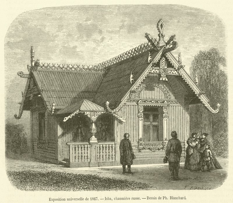 1867 की सार्वभौमिक प्रदर्शनी, इस्बा, रूसी कुटीर (उत्कीर्णन) द्वारा फ्रेंच स्कूल