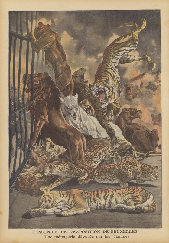 १९१० के ब्रसेल्स अंतर्राष्ट्रीय प्रदर्शनी में आग (कलर लिथो) द्वारा फ्रेंच स्कूल
