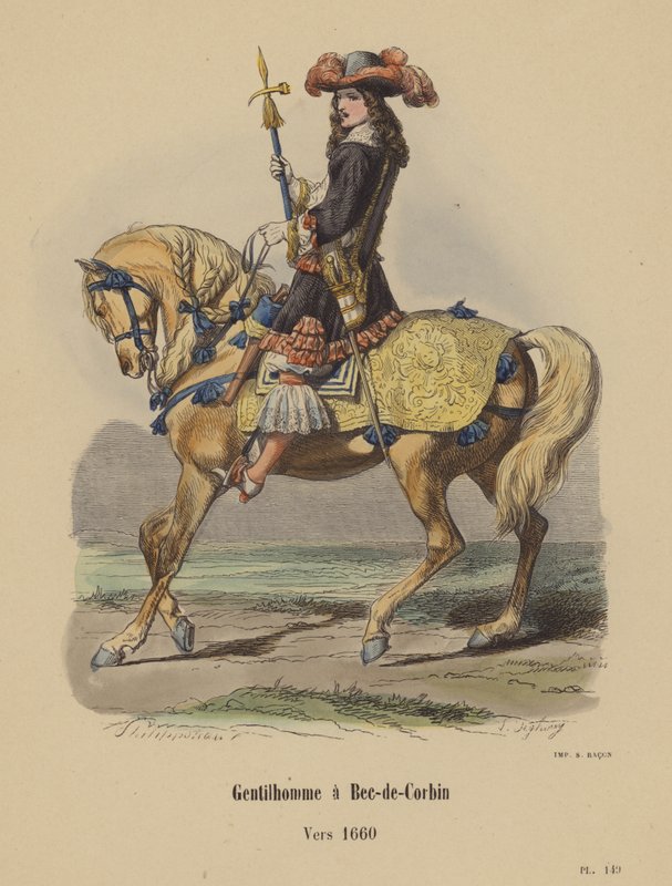 Gentilhomme a Bec-de-Corbin, लगभग १६६० (रंगीन उत्कीर्णन) द्वारा फ्रेंच स्कूल