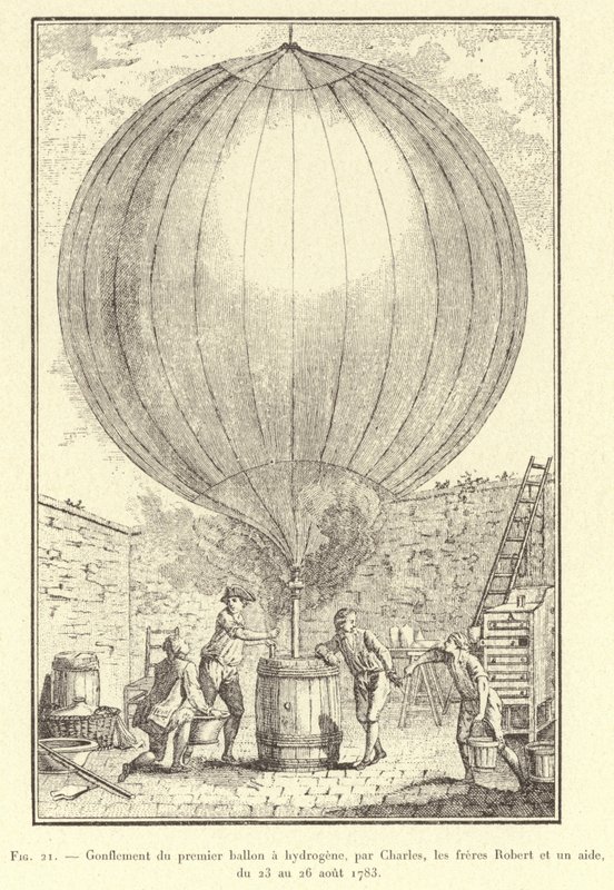 23 से 26 अगस्त, 1783 तक चार्ल्स, रॉबर्ट भाइयों और एक सहायक द्वारा पहले हाइड्रोजन गुब्बारे की मुद्रास्फीति (उत्कीर्णन) द्वारा फ्रेंच स्कूल