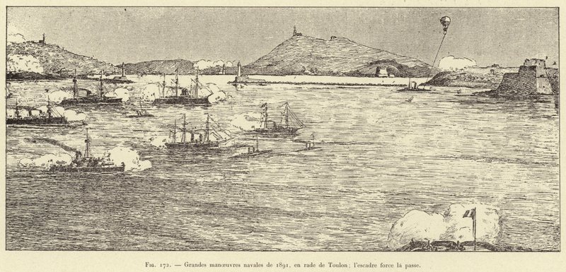 टौलॉन के बंदरगाह में 1891 के प्रमुख नौसैनिक युद्धाभ्यास; स्क्वाड्रन बल पास (उत्कीर्णन) द्वारा फ्रेंच स्कूल