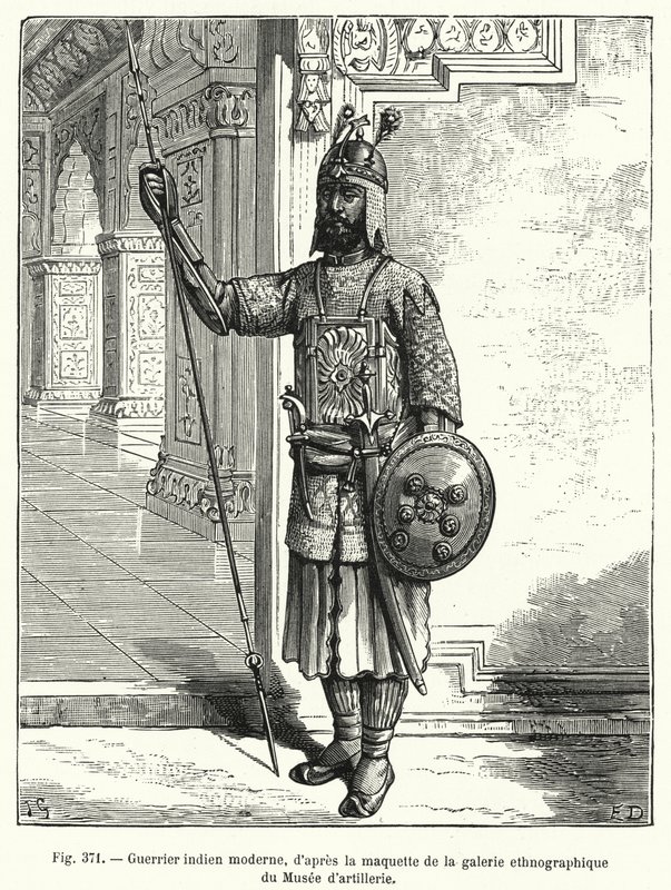 आर्टिलरी संग्रहालय (उत्कीर्णन) की नृवंशविज्ञान गैलरी के मॉडल के अनुसार आधुनिक भारतीय योद्धा द्वारा फ्रेंच स्कूल