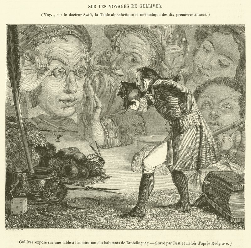 गुलिवर ने ब्रोबडिंगनाग (उत्कीर्णन) के निवासियों की प्रशंसा के लिए एक मेज पर प्रदर्शन किया द्वारा फ्रेंच स्कूल