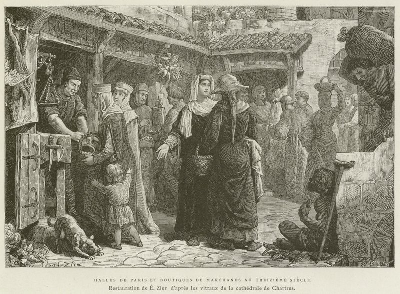 तेरहवीं शताब्दी में हॉल्स डी पेरिस और व्यापारी की दुकानें (उत्कीर्णन) द्वारा फ्रेंच स्कूल