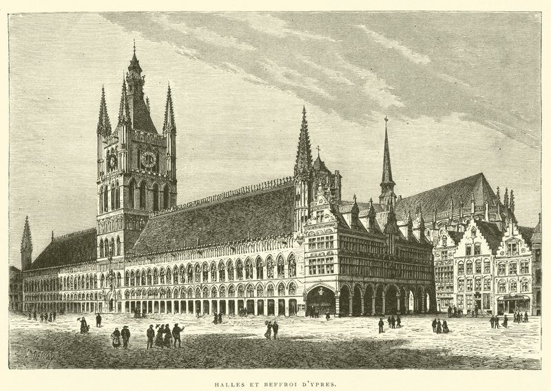 Ypres का मार्केट हॉल और घंटाघर (उत्कीर्णन) द्वारा फ्रेंच स्कूल