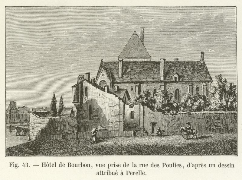 Hotel de Bourbon, Rue des Poulies से लिया गया दृश्य, पेरेल के लिए जिम्मेदार एक ड्राइंग से द्वारा फ्रेंच स्कूल