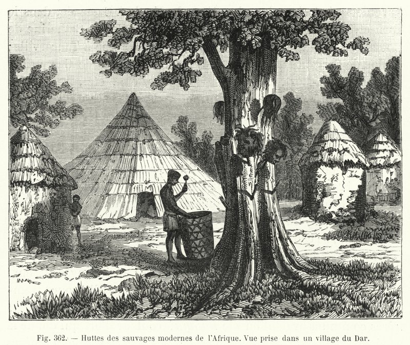 अफ्रीका के आधुनिक जंगली जानवरों की झोपड़ियाँ (उत्कीर्णन) द्वारा फ्रेंच स्कूल