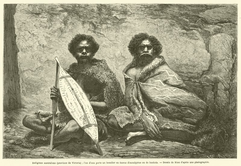 स्वदेशी आस्ट्रेलियाई (विक्टोरिया प्रांत); उनमें से एक नीलगिरी या बैंकिया छाल (उत्कीर्णन) में ढाल रखता है द्वारा फ्रेंच स्कूल