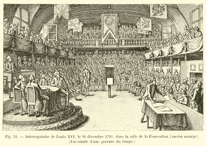 लुईस XVI की परीक्षा, 26 दिसंबर, 1792, कन्वेंशन हॉल में, पूर्व मेंगे, समय के उत्कीर्णन द्वारा फ्रेंच स्कूल