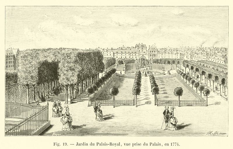 1774 में पैलेस से लिया गया जार्डिन डू पालिस-रॉयल द्वारा फ्रेंच स्कूल
