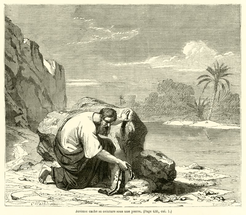 जेरेमी एक पत्थर के नीचे अपनी बेल्ट छुपाता है (उत्कीर्णन) द्वारा फ्रेंच स्कूल