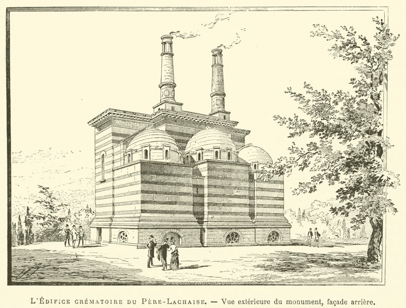 Pere-Lachaise श्मशान भवन, स्मारक का बाहरी दृश्य, पिछला भाग (उत्कीर्णन) द्वारा फ्रेंच स्कूल