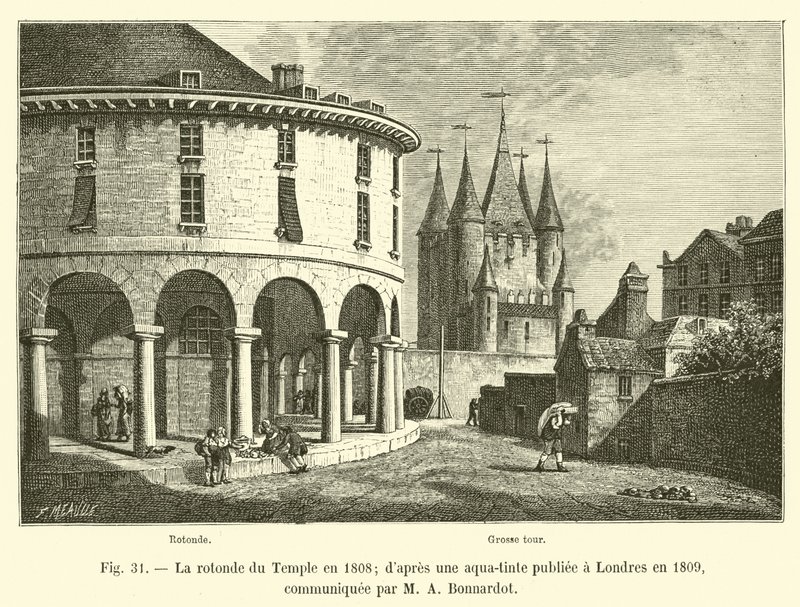 1808 में मंदिर का रोटुंडा; 1809 में लंदन में प्रकाशित एक एक्वा-टिंट के बाद, एमए बोनार्डोट द्वारा संचार किया गया द्वारा फ्रेंच स्कूल