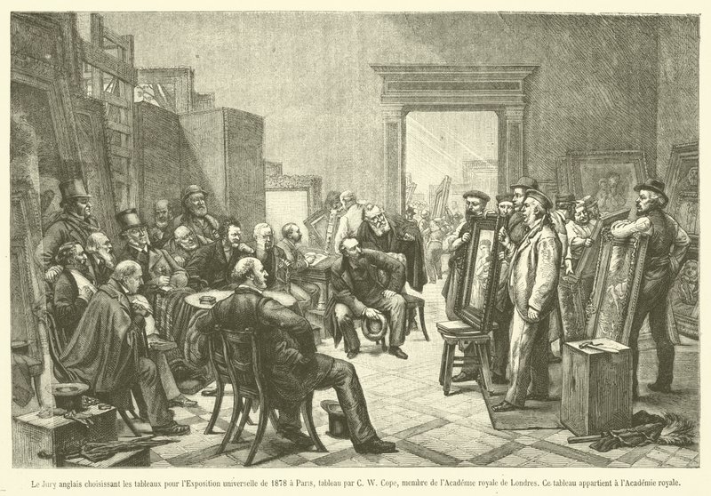पेरिस में 1878 की सार्वभौमिक प्रदर्शनी के लिए चित्रों का चयन करने वाली अंग्रेजी जूरी (उत्कीर्णन) द्वारा फ्रेंच स्कूल