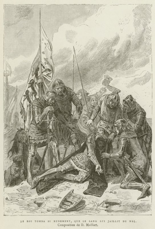राजा इतना कठोर गिर गया, कि उसकी नाक से खून बह गया (उत्कीर्णन) द्वारा फ्रेंच स्कूल