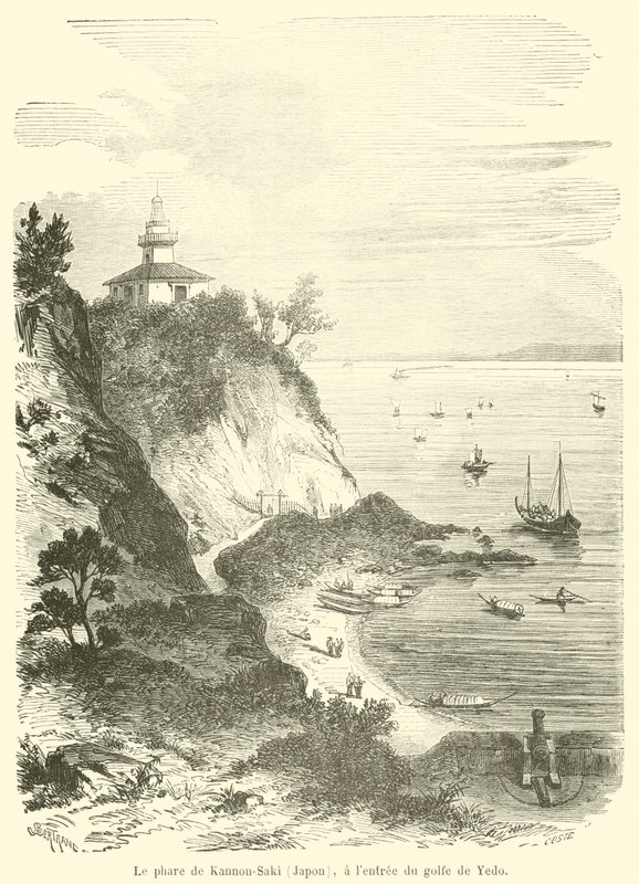 कन्नन-साकी लाइटहाउस (जापान), येदो की खाड़ी के प्रवेश द्वार पर (उत्कीर्णन) द्वारा फ्रेंच स्कूल
