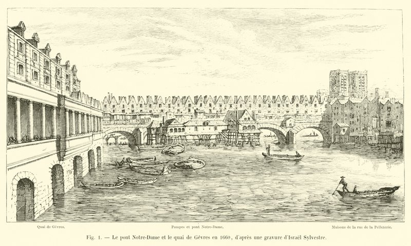 1660 में नॉट्रे-डेम ब्रिज और क्वाई डे गेव्रेस, इस्रेल सिलवेस्टर द्वारा उत्कीर्णन के बाद द्वारा फ्रेंच स्कूल