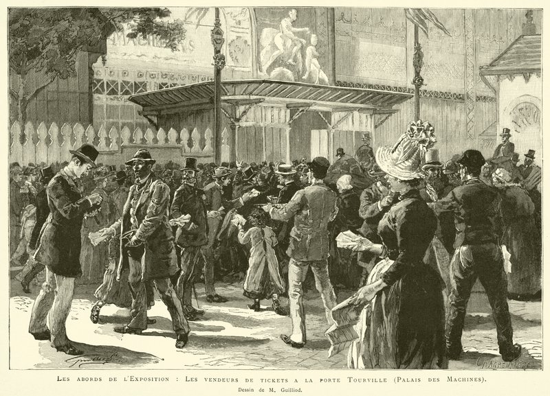 प्रदर्शनी का परिवेश, पोर्ट टूरविले में टिकट विक्रेता, पालिस डेस मशीन, एम गिलियड द्वारा ड्राइंग (उत्कीर्णन) द्वारा फ्रेंच स्कूल