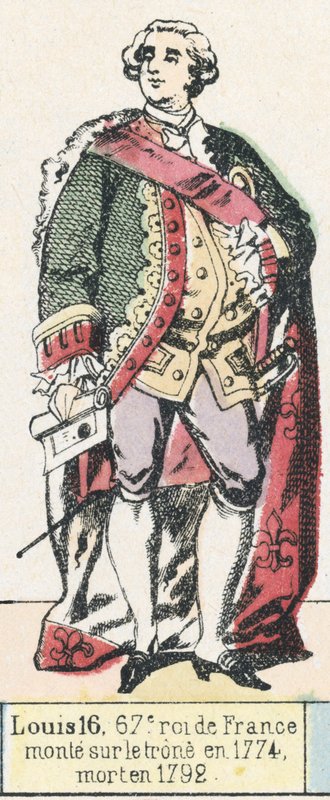 लुई 16, फ्रांस के 67 वें राजा, 1774 में सिंहासन पर चढ़े, 1792 में मृत्यु हो गई (रंगीन उत्कीर्णन) द्वारा फ्रेंच स्कूल