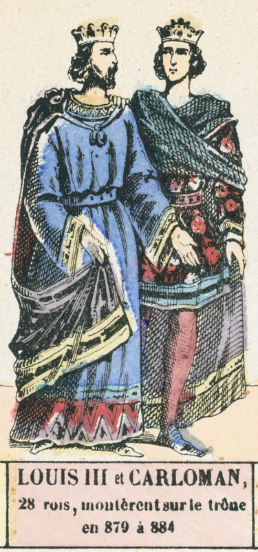 लुई III और कार्लोमन, 28 राजा, 879 से 884 में सिंहासन पर चढ़े (रंगीन उत्कीर्णन) द्वारा फ्रेंच स्कूल