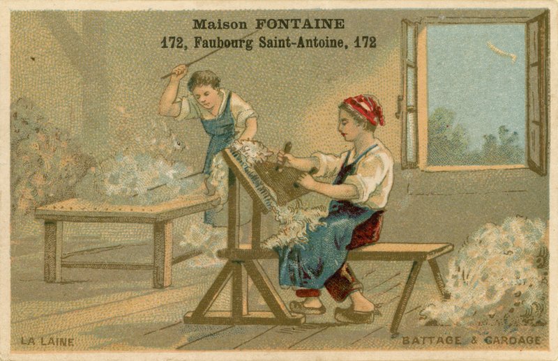 Maison Fontaine व्यापार कार्ड, थ्रेसिंग और कार्डिंग द्वारा फ्रेंच स्कूल
