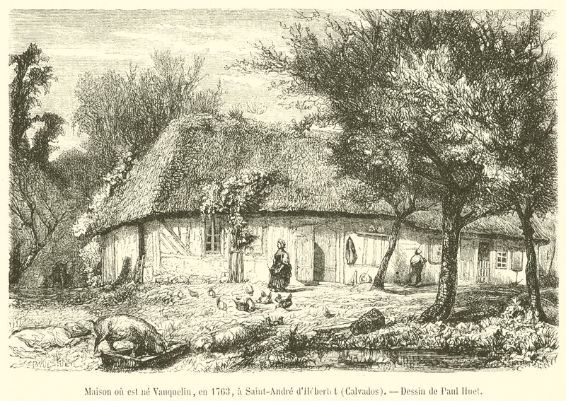 घर जहां वाउक्वेलिन का जन्म हुआ था, 1763 में, सेंट-आंद्रे डी'हेबर्टोट, कैल्वाडोस (उत्कीर्णन) में द्वारा फ्रेंच स्कूल