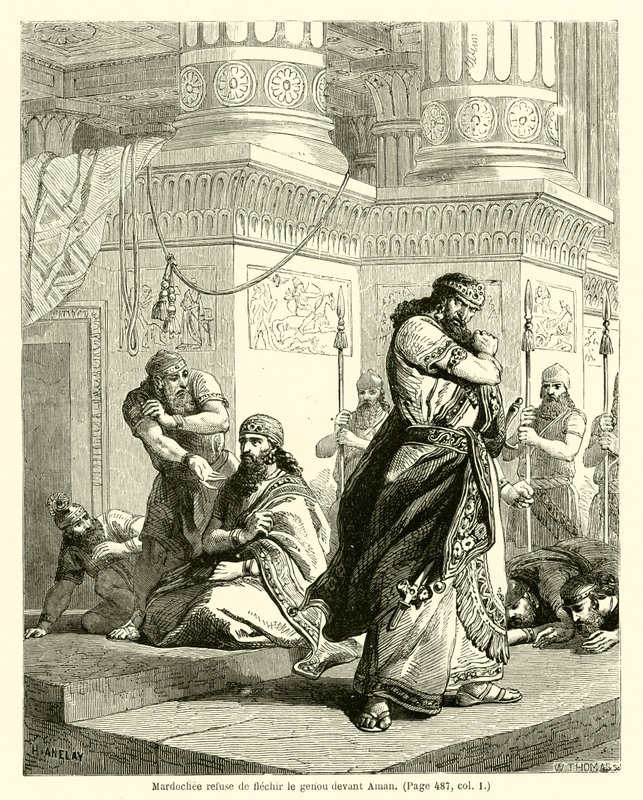 मर्दोची ने अमन के सामने घुटना मोड़ने से मना कर दिया (उत्कीर्णन) द्वारा फ्रेंच स्कूल