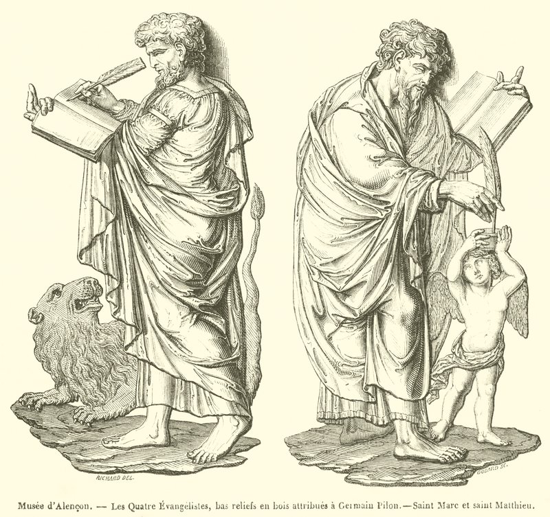 Musee d'Alencon, द फोर इंजीलवादी, जर्मेन पिलोन, सेंट मार्क और सेंट मैथ्यू (उत्कीर्णन) के लिए लकड़ी के आधार-राहतें द्वारा फ्रेंच स्कूल