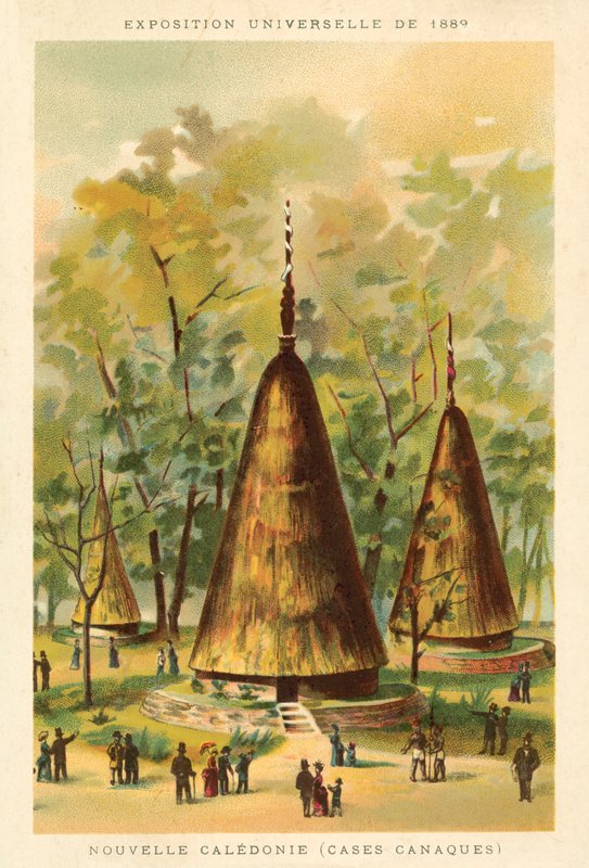 न्यू कैलेडोनिया (कनक हट्स), एक्सपोज़िशन यूनिवर्सेल 1889, पेरिस (क्रोमोलिथो) द्वारा फ्रेंच स्कूल