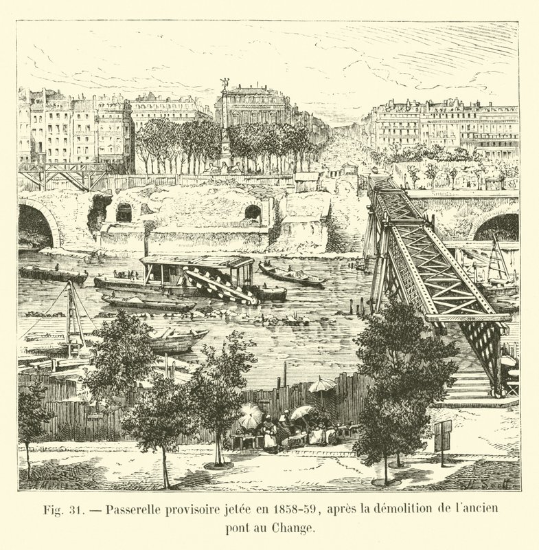 चेंज में पुराने पुल के विध्वंस के बाद 1858-59 में अस्थायी फुटब्रिज को फेंक दिया गया द्वारा फ्रेंच स्कूल