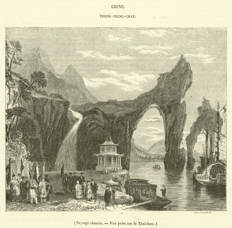 चीनी परिदृश्य, थाई-हो पर लिया गया दृश्य (उत्कीर्णन) द्वारा फ्रेंच स्कूल