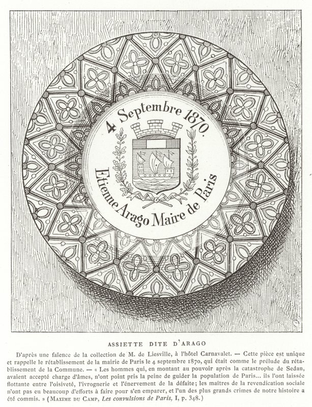फ्रेंको-प्रशिया युद्ध, 1870 के दौरान पेरिस के मेयर एटीन एरागो के नाम के साथ प्लेट द्वारा फ्रेंच स्कूल