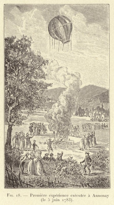 अन्नोने में किया गया पहला प्रयोग (5 जून, 1783) (उत्कीर्णन) द्वारा फ्रेंच स्कूल