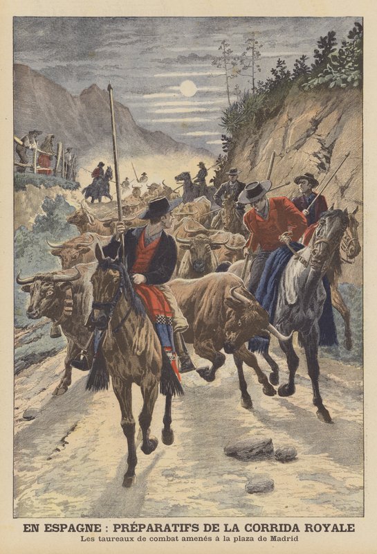 स्पेन के राजा अल्फोंसो XIII (कलर लिथो) की शादी का जश्न मनाने के लिए सांडों की लड़ाई की तैयारी द्वारा फ्रेंच स्कूल