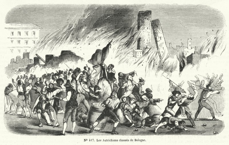 1848 में बोलोग्ना, इटली से ऑस्ट्रियाई लोगों को बाहर निकालते हुए विद्रोही द्वारा फ्रेंच स्कूल
