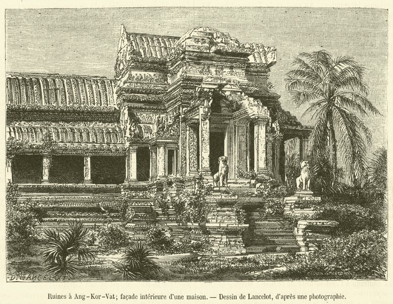 अंग-कोर-वाट के खंडहर, एक घर का आंतरिक भाग (उत्कीर्णन) द्वारा फ्रेंच स्कूल