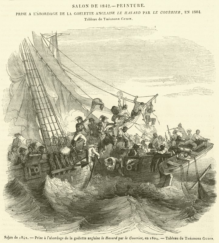 1842 का सैलून, 1804 में (उत्कीर्णन) कूरियर द्वारा अंग्रेजी स्कॉलर ले हैसर्ड पर सवार होकर लिया गया द्वारा फ्रेंच स्कूल