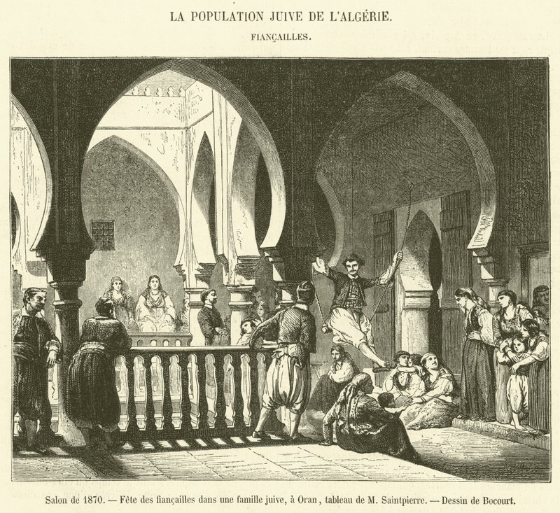 1870 का सैलून, एक यहूदी परिवार में Fete des fiancailles, ओरान में (उत्कीर्णन) द्वारा फ्रेंच स्कूल