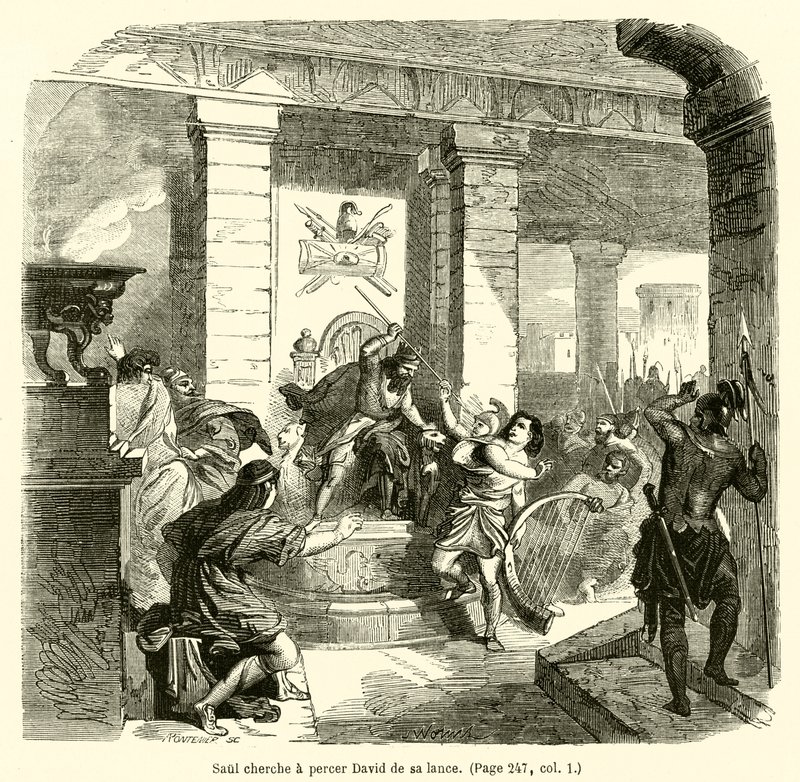 शाऊल ने अपने भाले से दाऊद को छेदने की कोशिश की (उत्कीर्णन) द्वारा फ्रेंच स्कूल