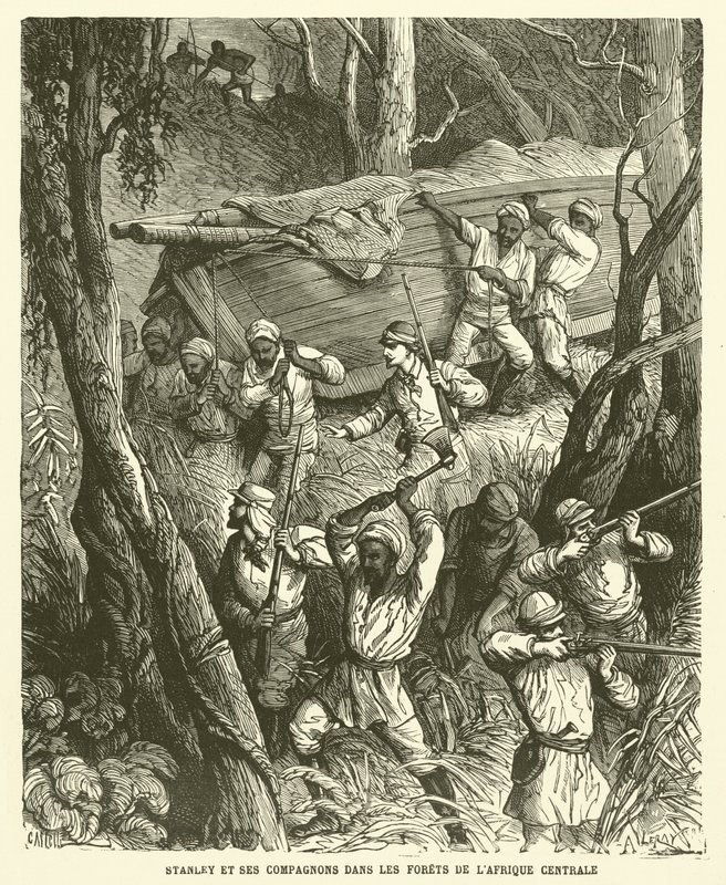 मध्य अफ्रीका के जंगलों में स्टेनली और उनके साथी (उत्कीर्णन) द्वारा फ्रेंच स्कूल