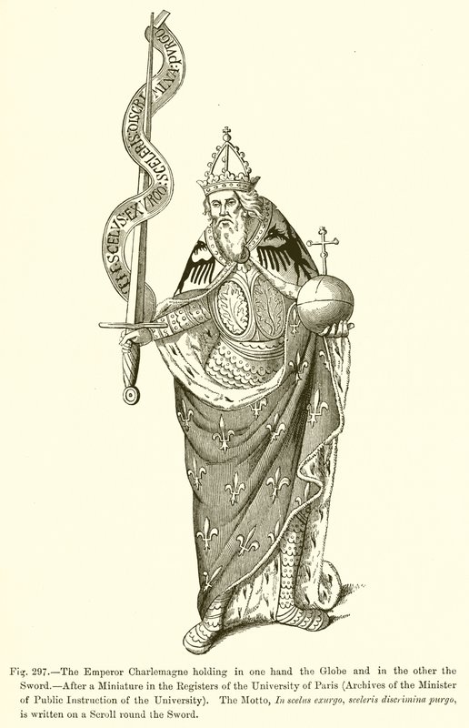 सम्राट शारलेमेन एक हाथ में ग्लोब और दूसरे में तलवार पकड़े हुए हैं द्वारा फ्रेंच स्कूल