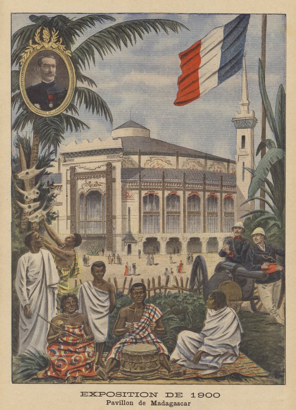 पेरिस में 1900 के एक्सपोज़िशन यूनिवर्सेल में मेडागास्कर का मंडप (रंग लिथो) द्वारा फ्रेंच स्कूल